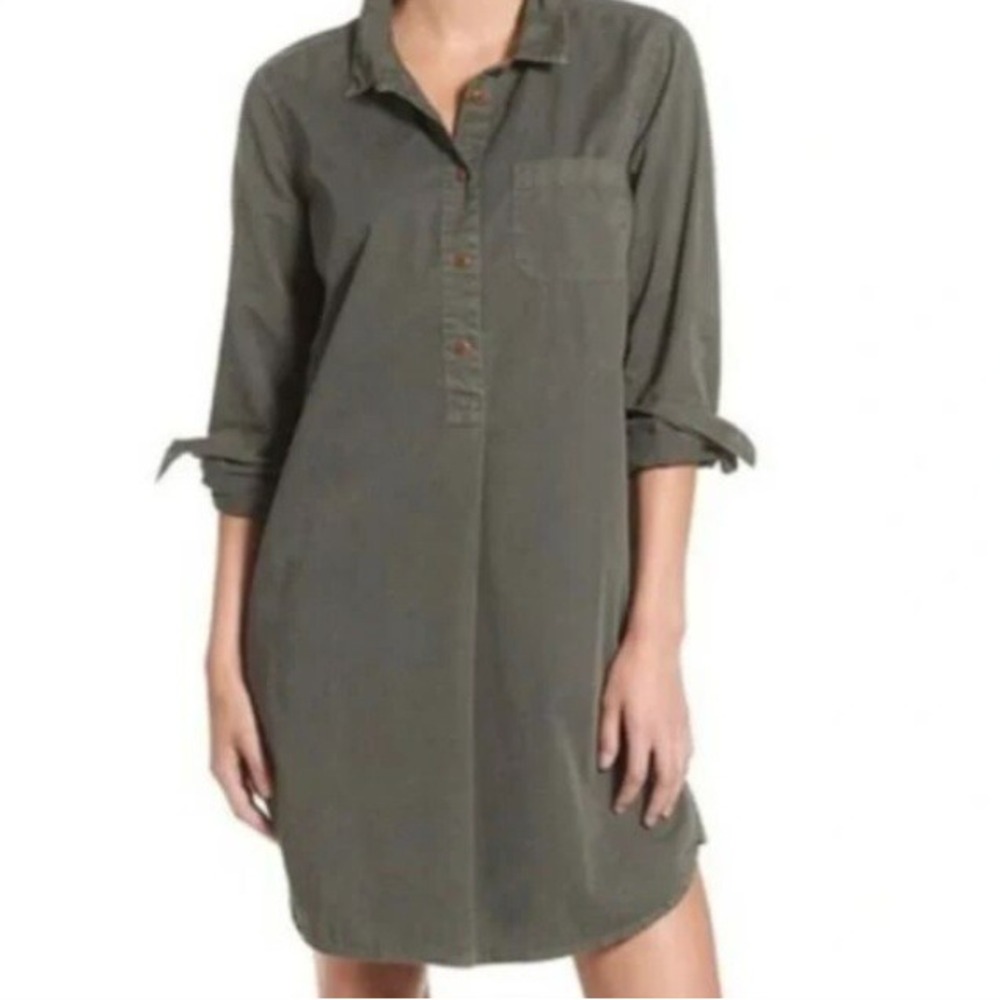 MADEWELL NWT Women's Medium Olive Green 100% Cotton Button Front Shirt Dress NEW